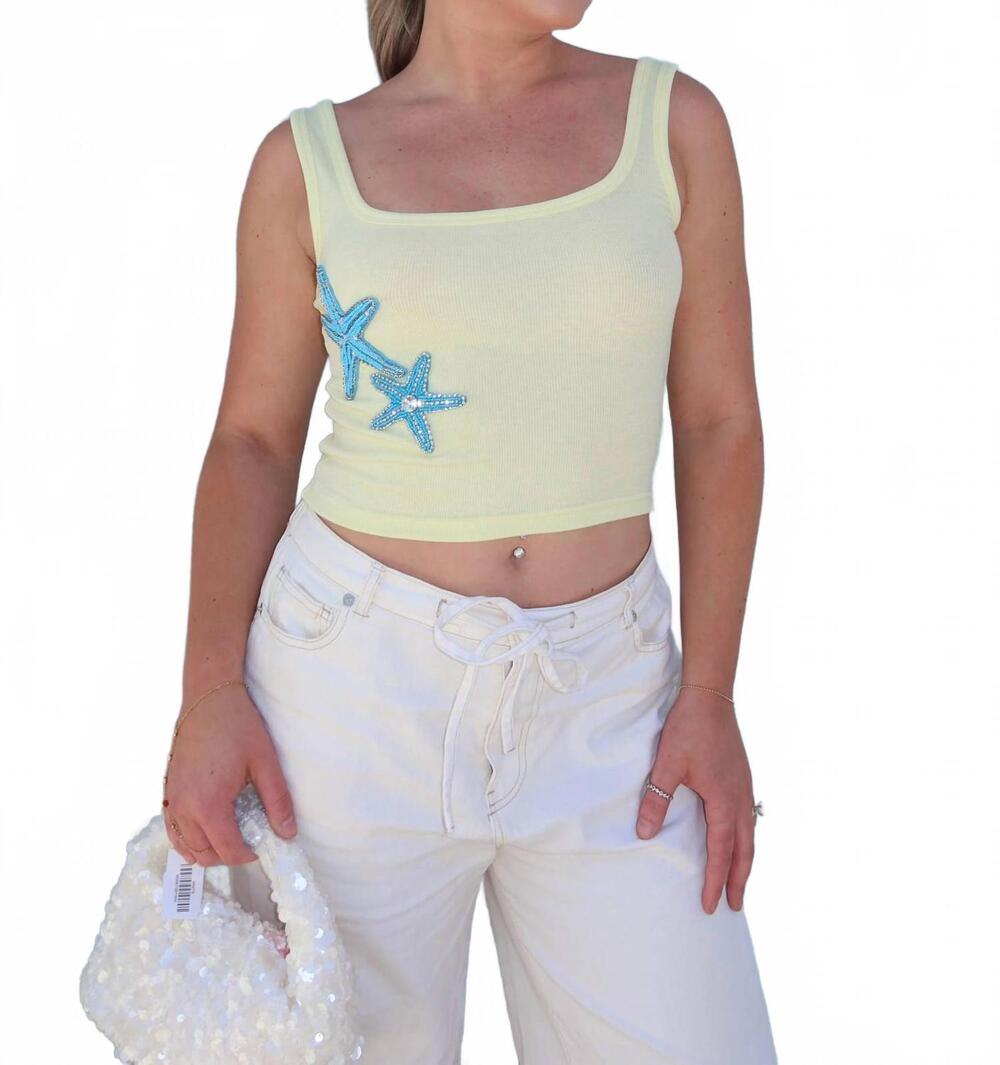 NEW PRETTY GARBAGE elin starfish beaded ribbed tank top in butter yellow